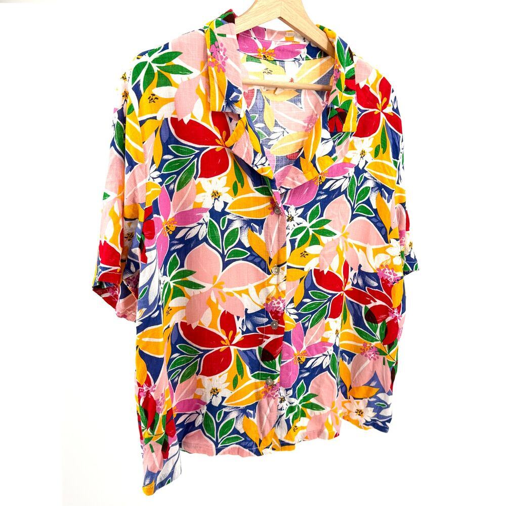 April Kiss Multicolor Rayon Linen Tropical Floral Vacation Button Down Shirt